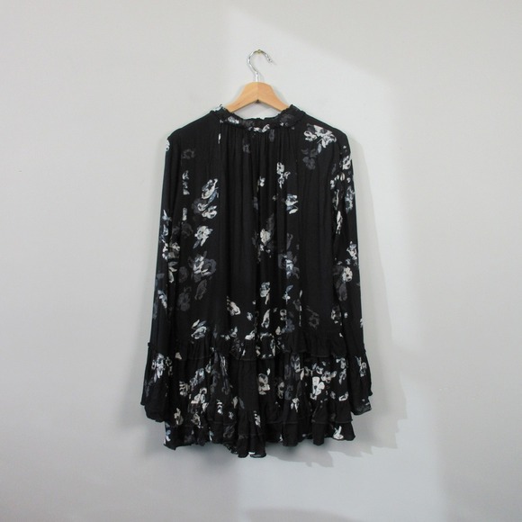 Free People Clover Field Ruffle Long Sleeve Mini Dress S Black Floral Boho 432 - Picture 2 of 8